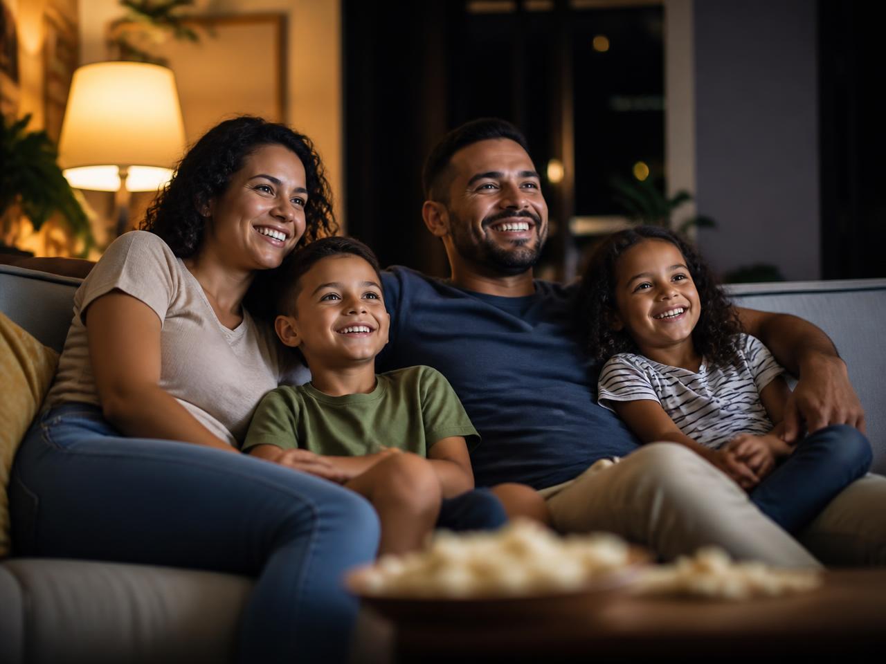 Família assistindo TV Play na sala de casa