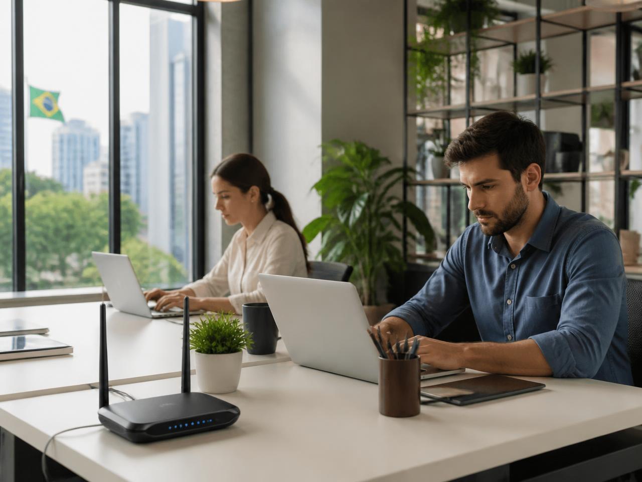 Equipe trabalhando em escritório conectado com internet Net Mais
