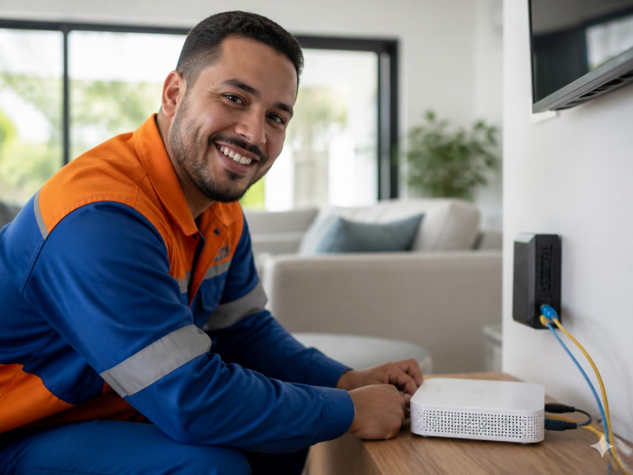 Técnico da Net Mais instalando roteador de fibra óptica